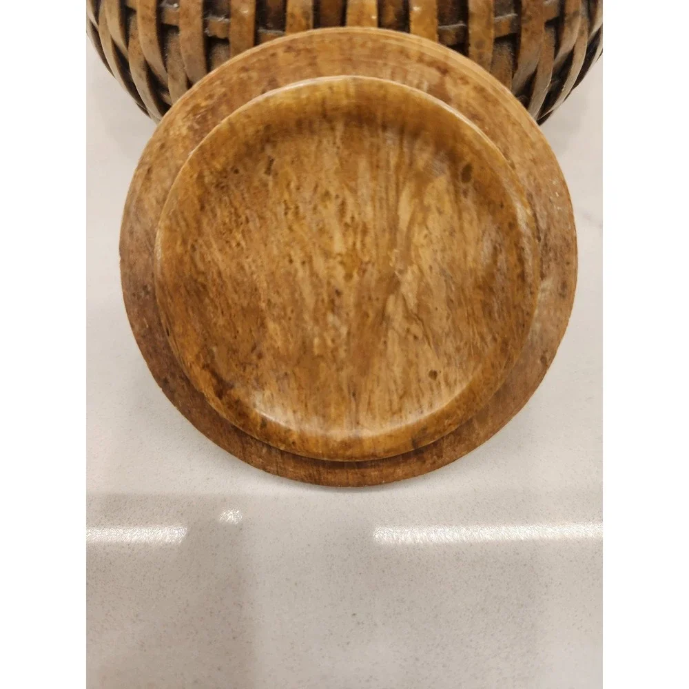 Vertical Wicker Weave Brown‎ Soapstone Jar Trinket Decor Box with Lid Heavy